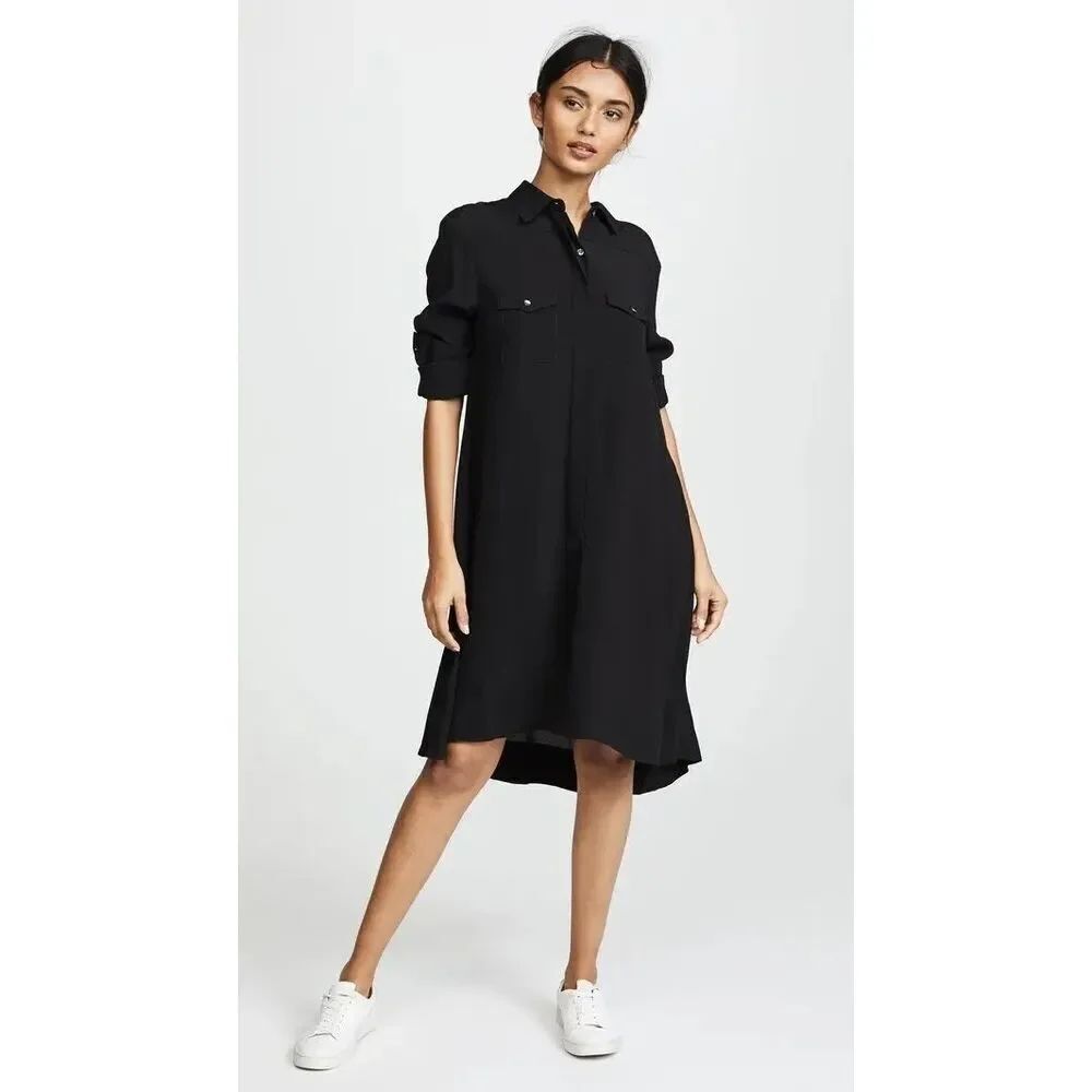 Hatch Black Collared Long Sleeve Lightweight Crepe Shirt Dress One Size